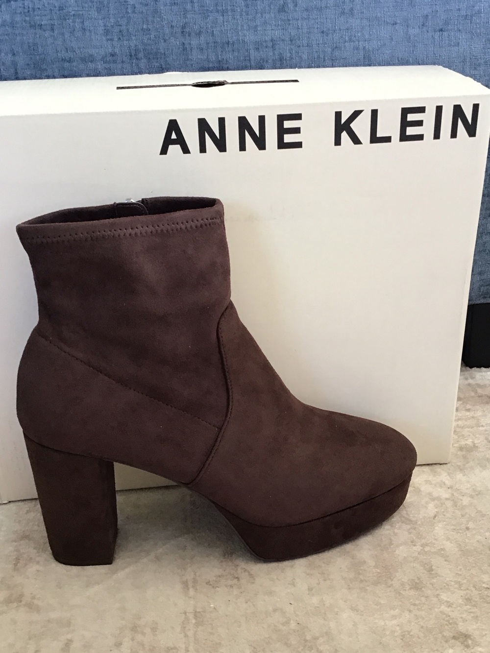 Anne Klein Volt Dark Brown Suede-Look Platform Ankle Boots